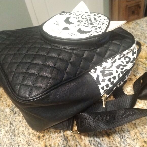 Luv Betsey Johnson Kitsch Backpack Leopard Cat Medium Bag Purse Black White - Picture 5 of 14